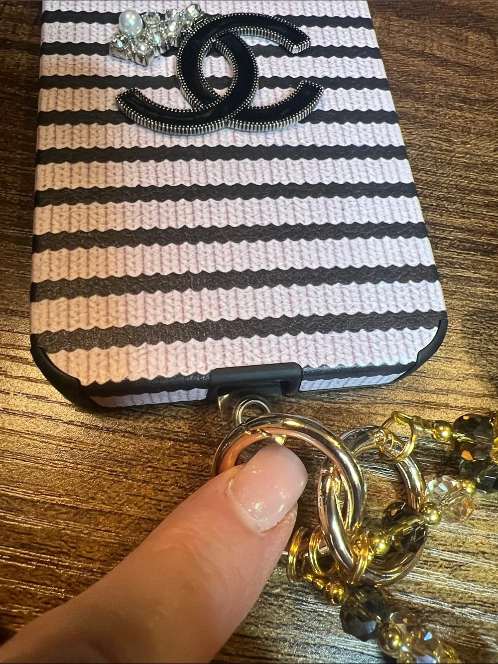 Phone Crystal Bee Charm Beaded Wristlet - Gold and Champagne
